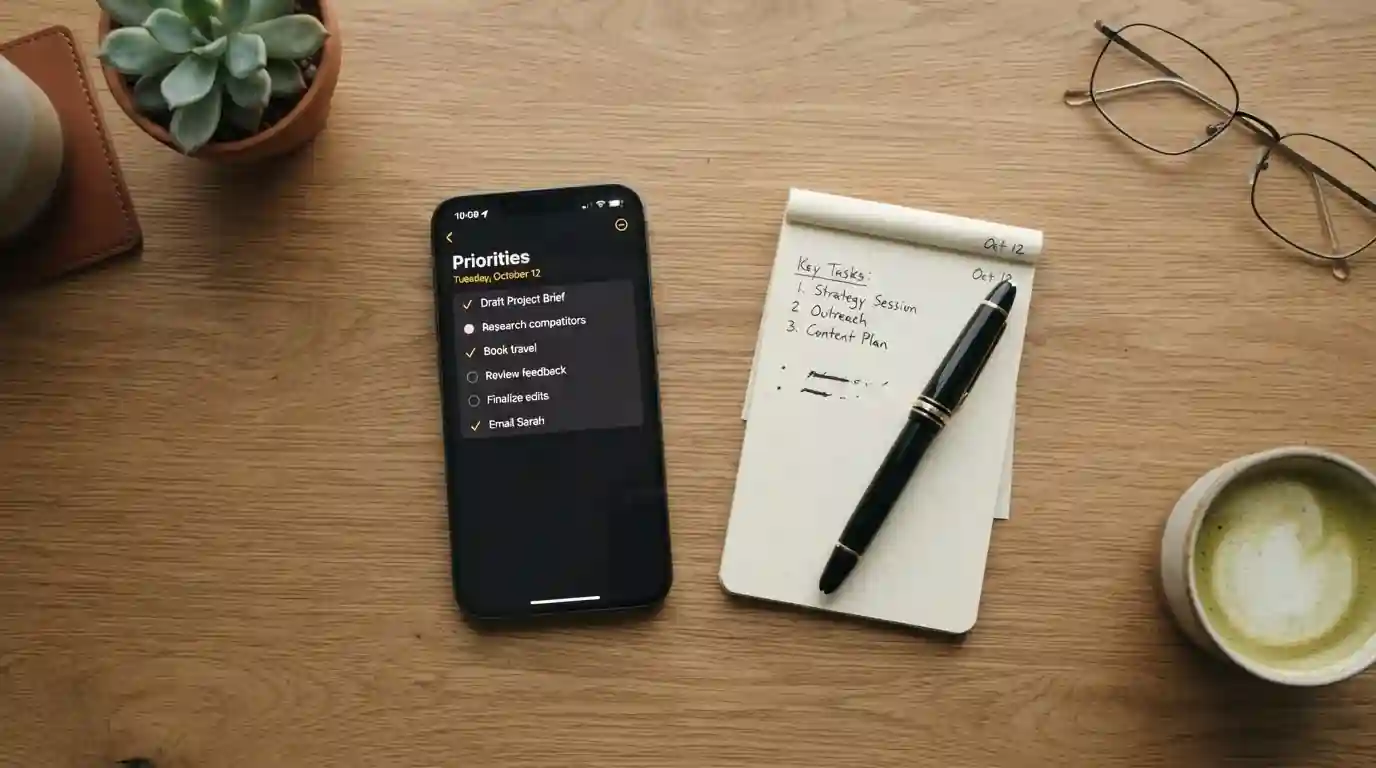 Übersichtliche Tabelle mit Smartphone, Notizbuch und Kugelschreiber — neutrale Auflistungsszene ohne Casino-Logo