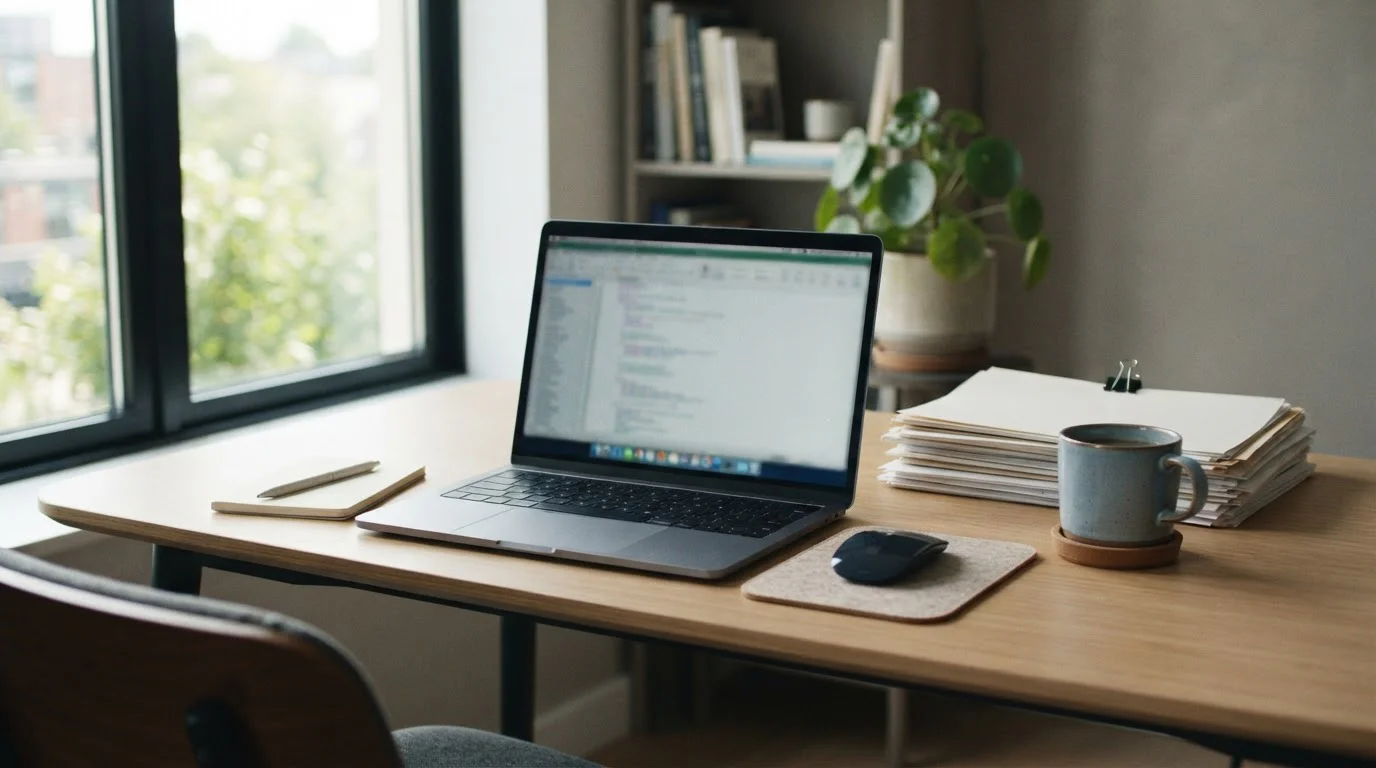 Helle Schreibtisch-Szene mit einem offenen Laptop, einer Tasse Kaffee und einem neutralen Dokumentenstapel — Symbol für die Gegenüberstellung von Werbeversprechen und Rechtsrahmen