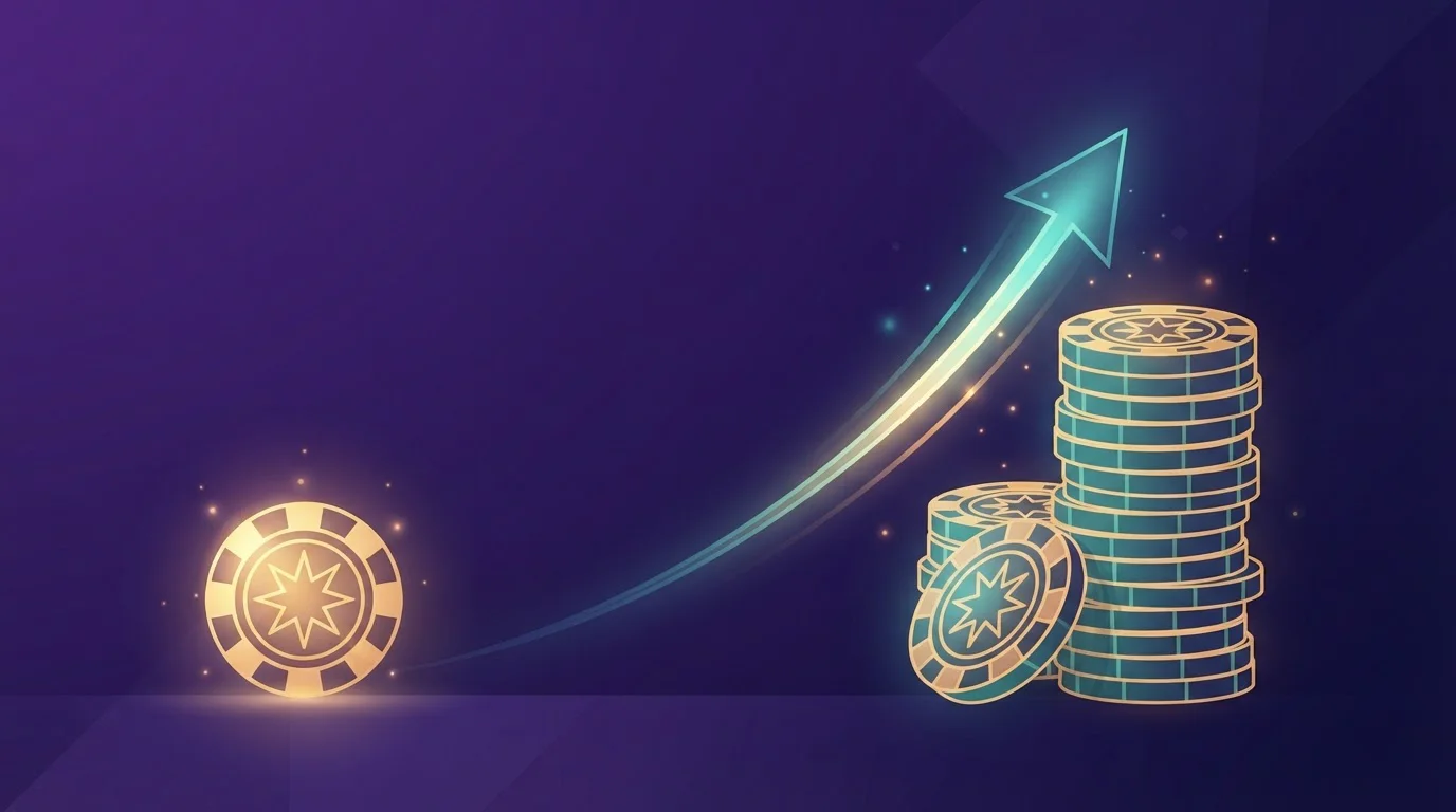 Ein einzelner Spielchip verwandelt sich über einen aufwärts gerichteten Lichtpfeil in einen doppelt so hohen Stapel Chips