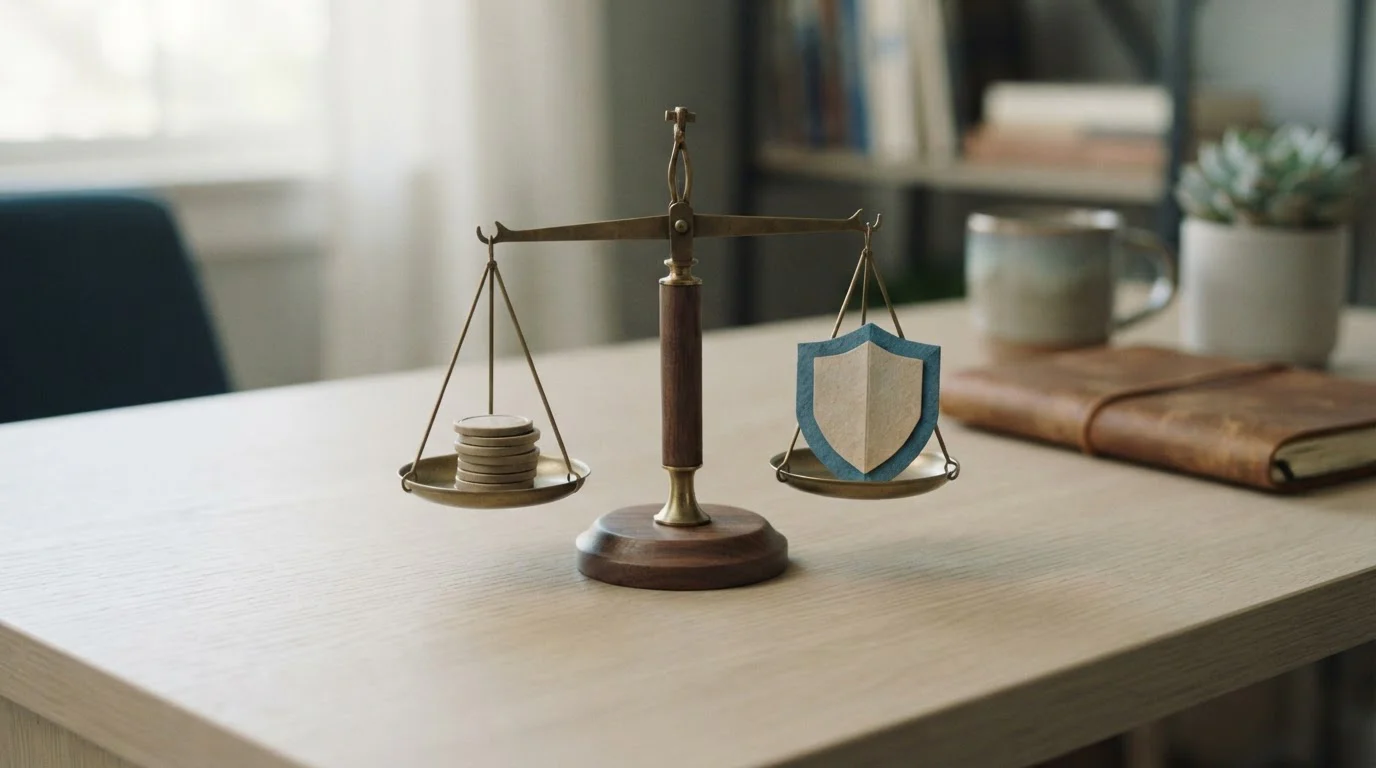 Waage mit einem 5-€-Münzstapel auf der einen und einem Sicherheitssymbol auf der anderen Seite