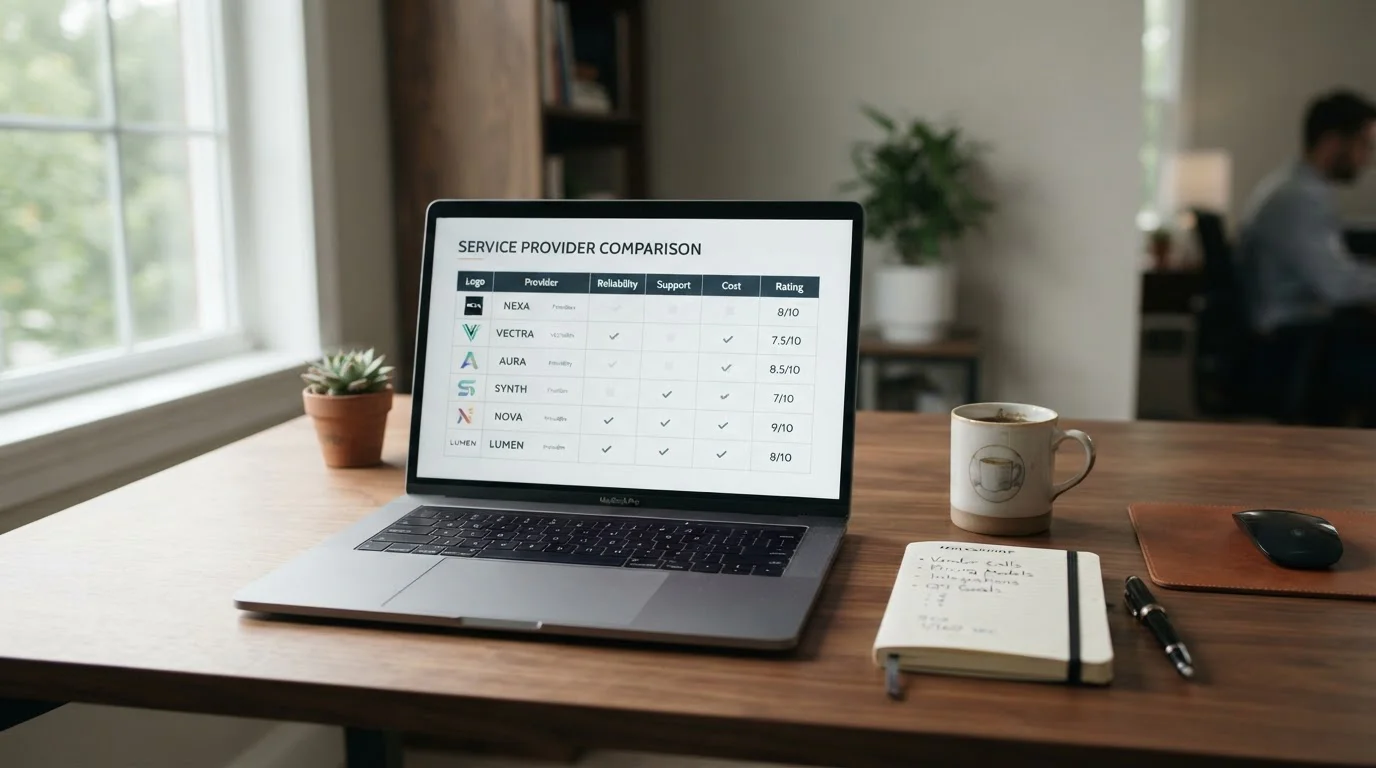 Laptop mit Casino-Vergleichsseite und Notizbuch mit Anbieterliste