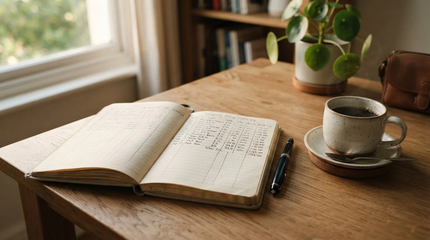 Notizbuch mit handschriftlichem Umsatzanforderung-Tagebuch und Stift