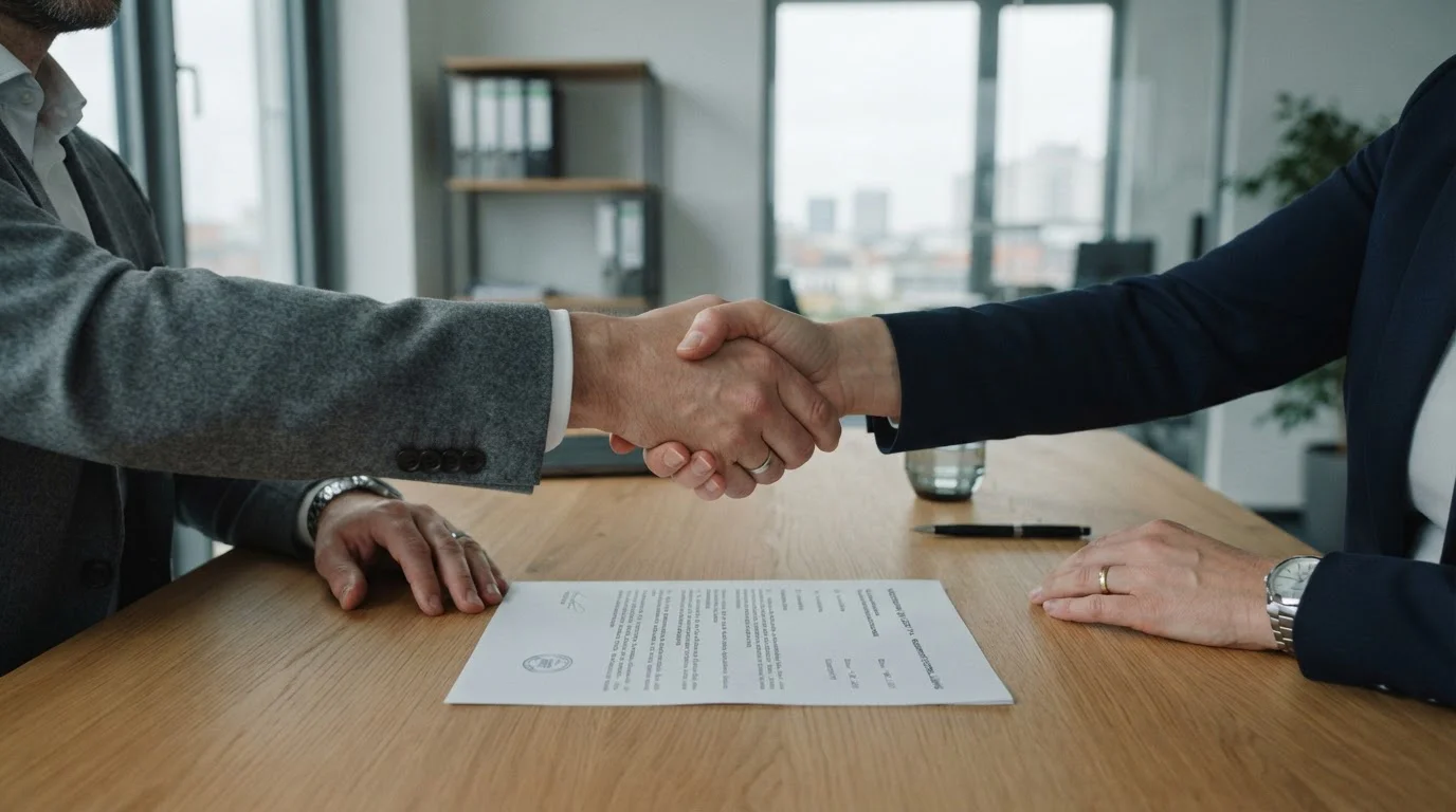 Handshake zwischen deutschem Anbieter und Spieler vor neutralem Hintergrund