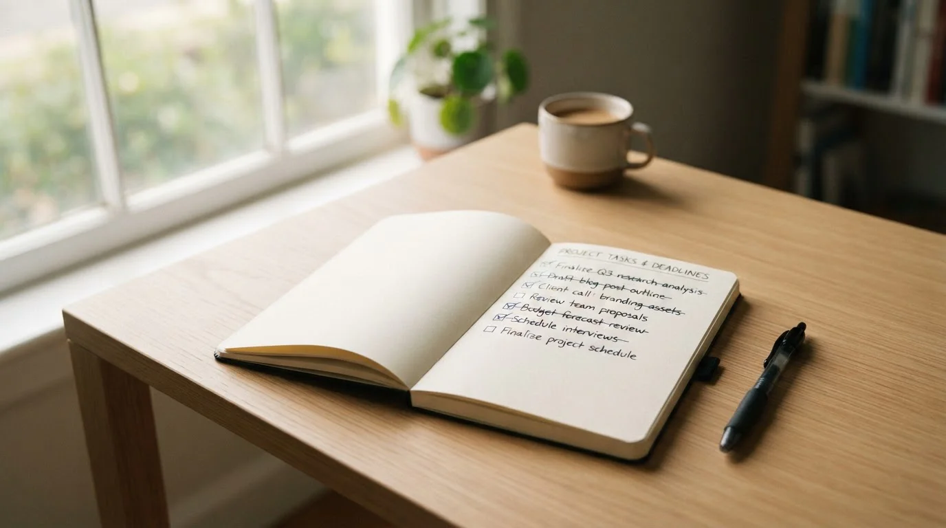 Notizbuch mit Verantwortungs-Checkliste und ausgestrichenen Risiko-Punkten