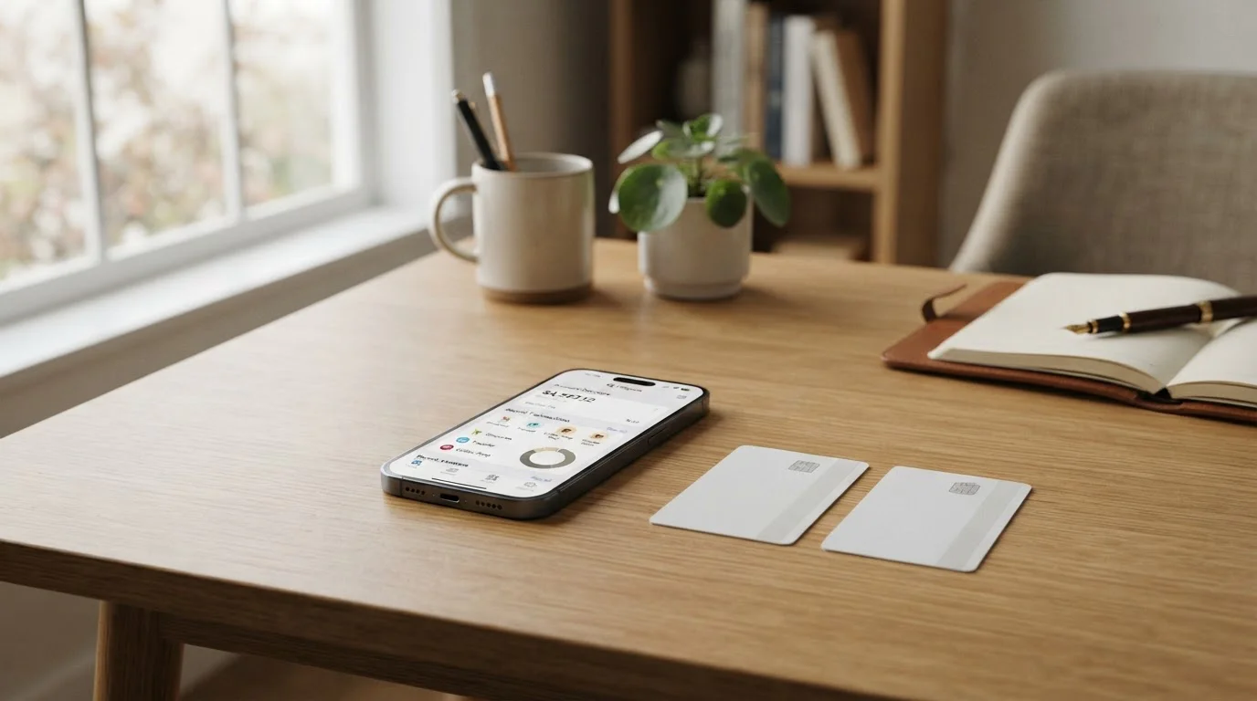 Smartphone mit Banking-App und verschiedene Kreditkarten auf Schreibtisch