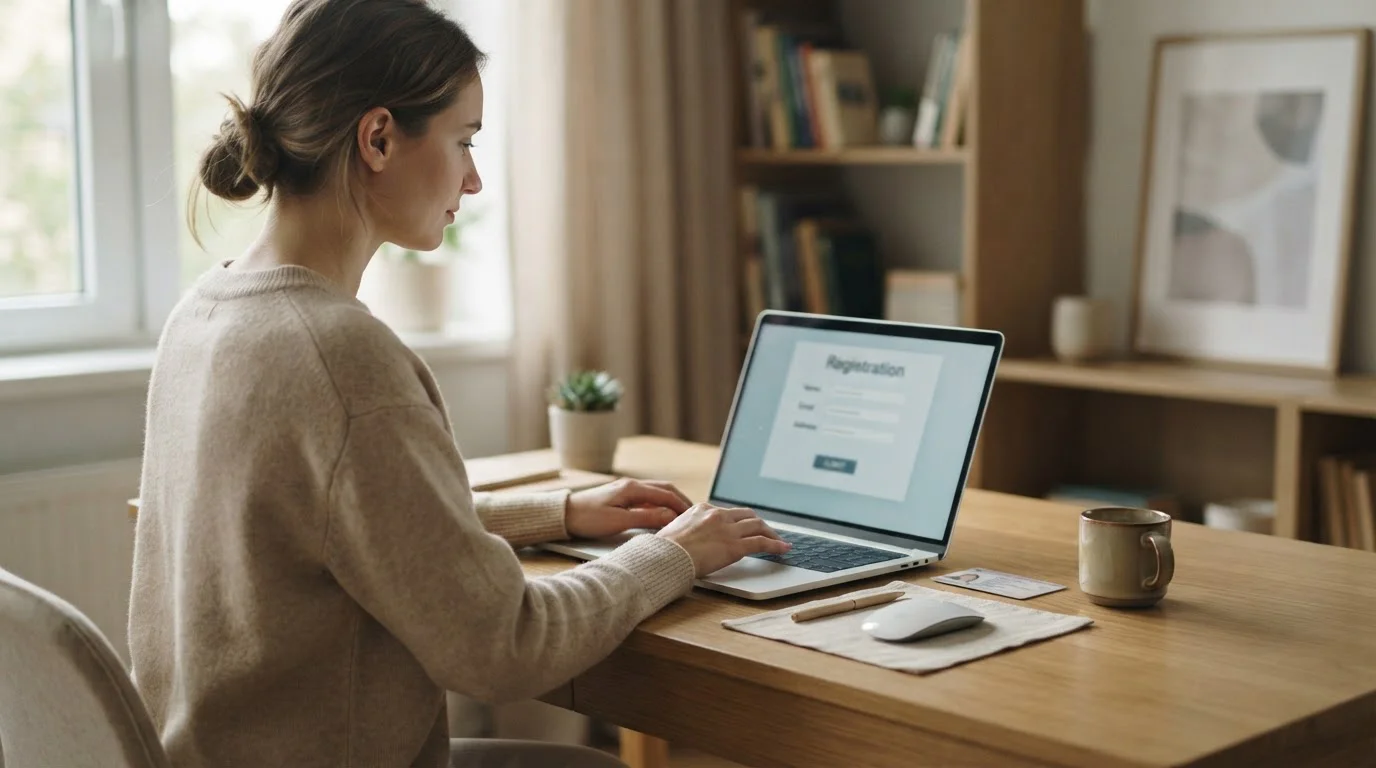 Person am Laptop mit Registrierungsformular und Identitätsnachweis auf dem Schreibtisch
