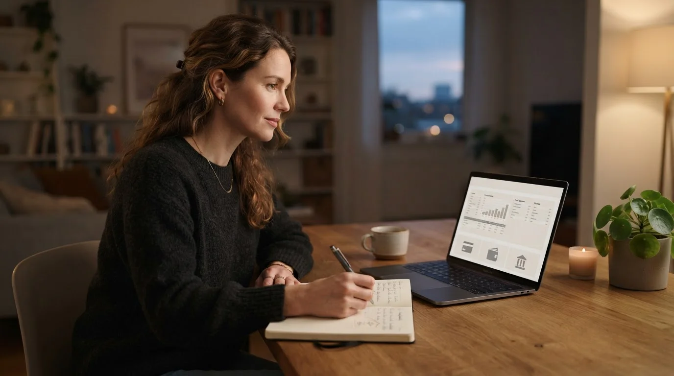 Ruhiger Schreibtisch mit Budgetnotizen und mehreren neutralen Zahlungswegen auf einem Laptop