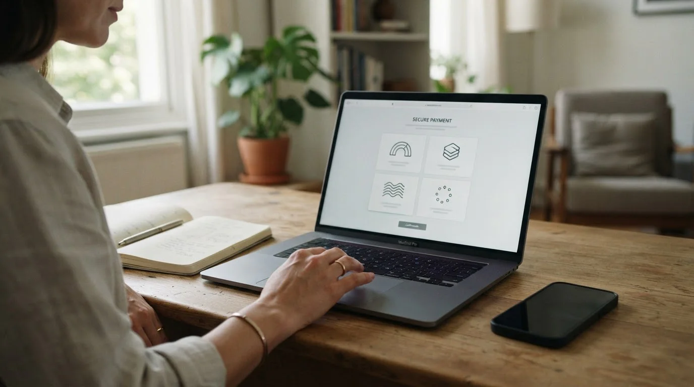 Laptop mit neutralen Symbolen für mehrere sichere Zahlungswege