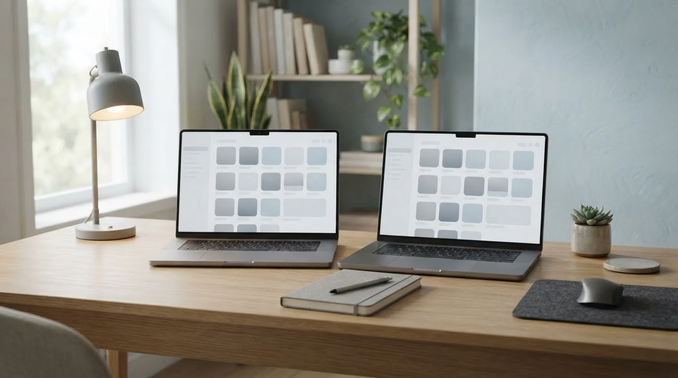 Zwei nebeneinander stehende Laptops mit neutralem Spielfeld-Raster auf dem Bildschirm