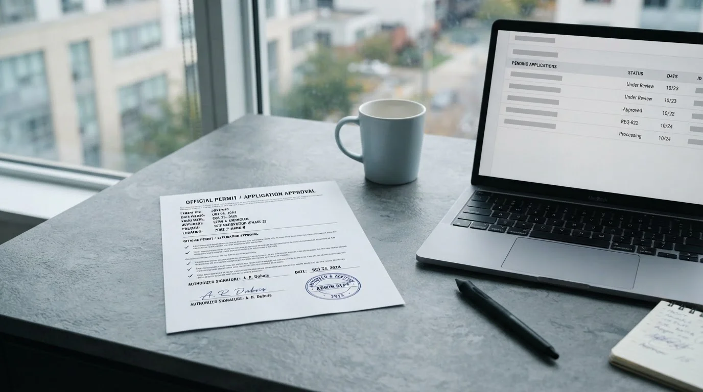 Amtliches Dokument mit Erlaubnisvermerk neben einem aufgeklappten Laptop