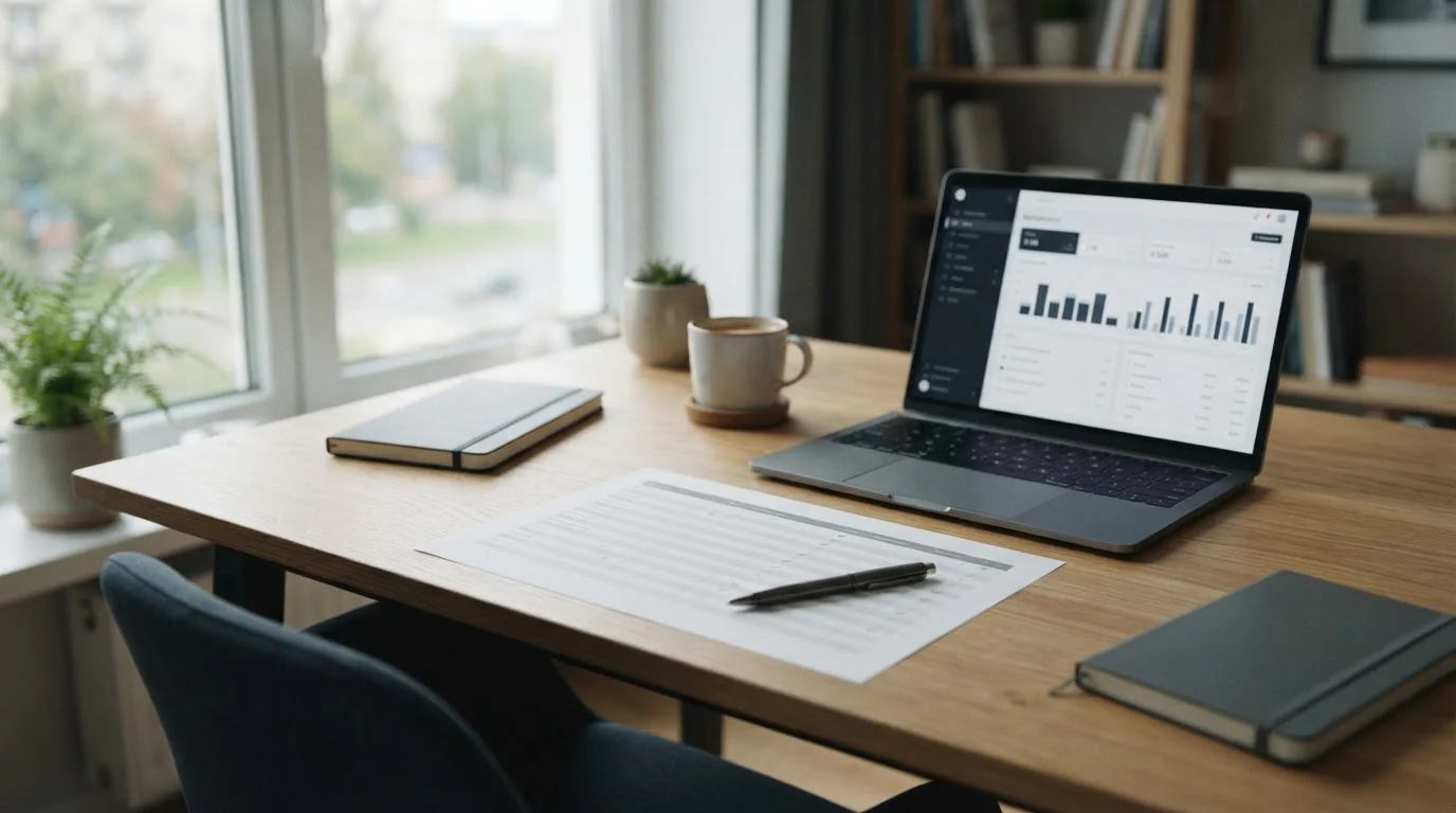 Schreibtisch mit Vergleichsliste, Stift und aufgeklapptem Laptop mit neutraler Anbieterübersicht
