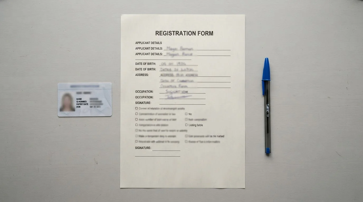 Amtliches Ausweisdokument und Anmeldeformular zur Identitätsprüfung
