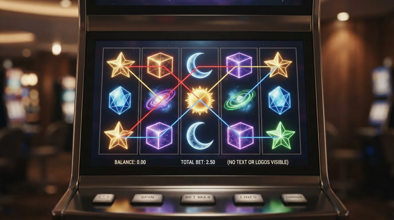 Neutrale Darstellung von Walzen, Gewinnlinien und Symbolen eines Spielautomaten