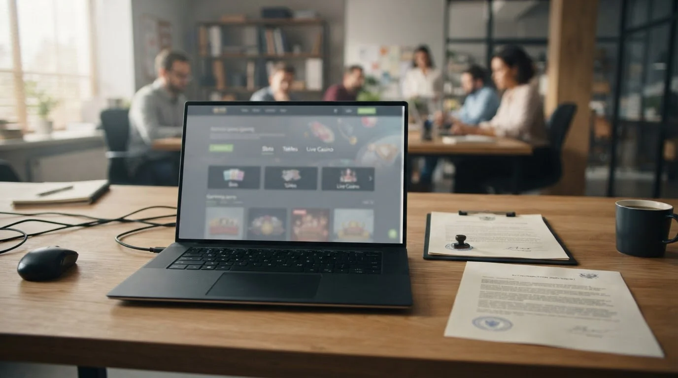 Laptop mit neutraler internationaler Casinoansicht und daneben einem Hinweis auf Lizenzprüfung