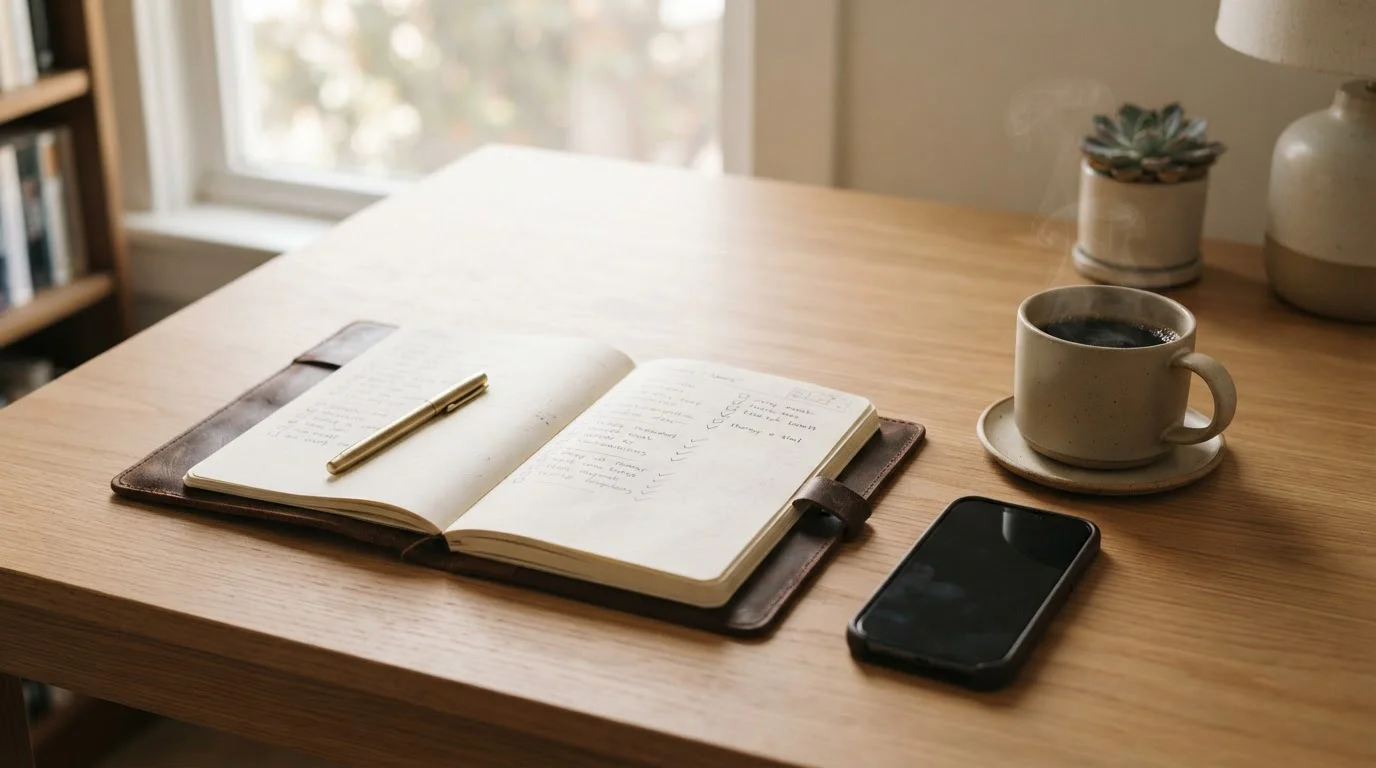 Aufgeschlagenes Notizbuch mit handgeschriebener Checkliste neben Smartphone und Kaffeetasse