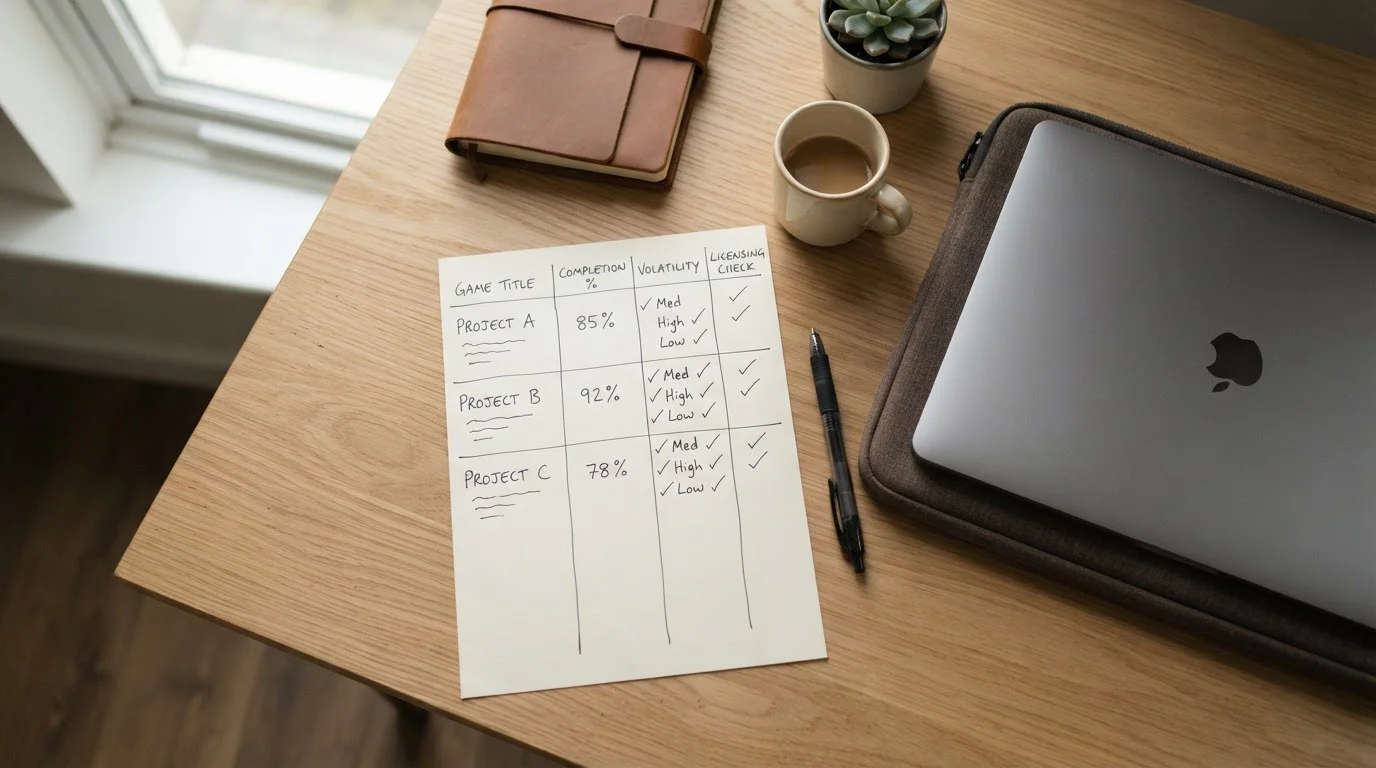 Handschriftliche Prüfroutine mit Spielname, RTP, Volatilität und Lizenzabgleich