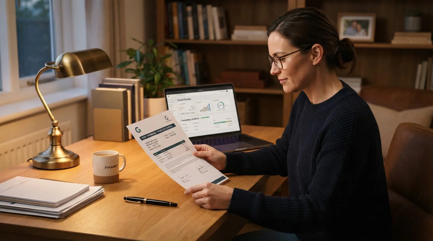 Arbeitszimmer mit Person und Auszahlungsbestätigung am Schreibtisch