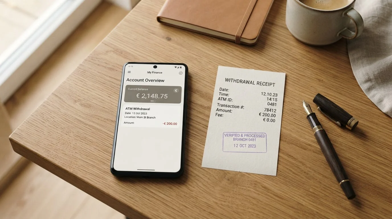 Smartphone-Banking-App mit Auszahlungsbestätigung und Stempel auf einem Auszahlungsbeleg