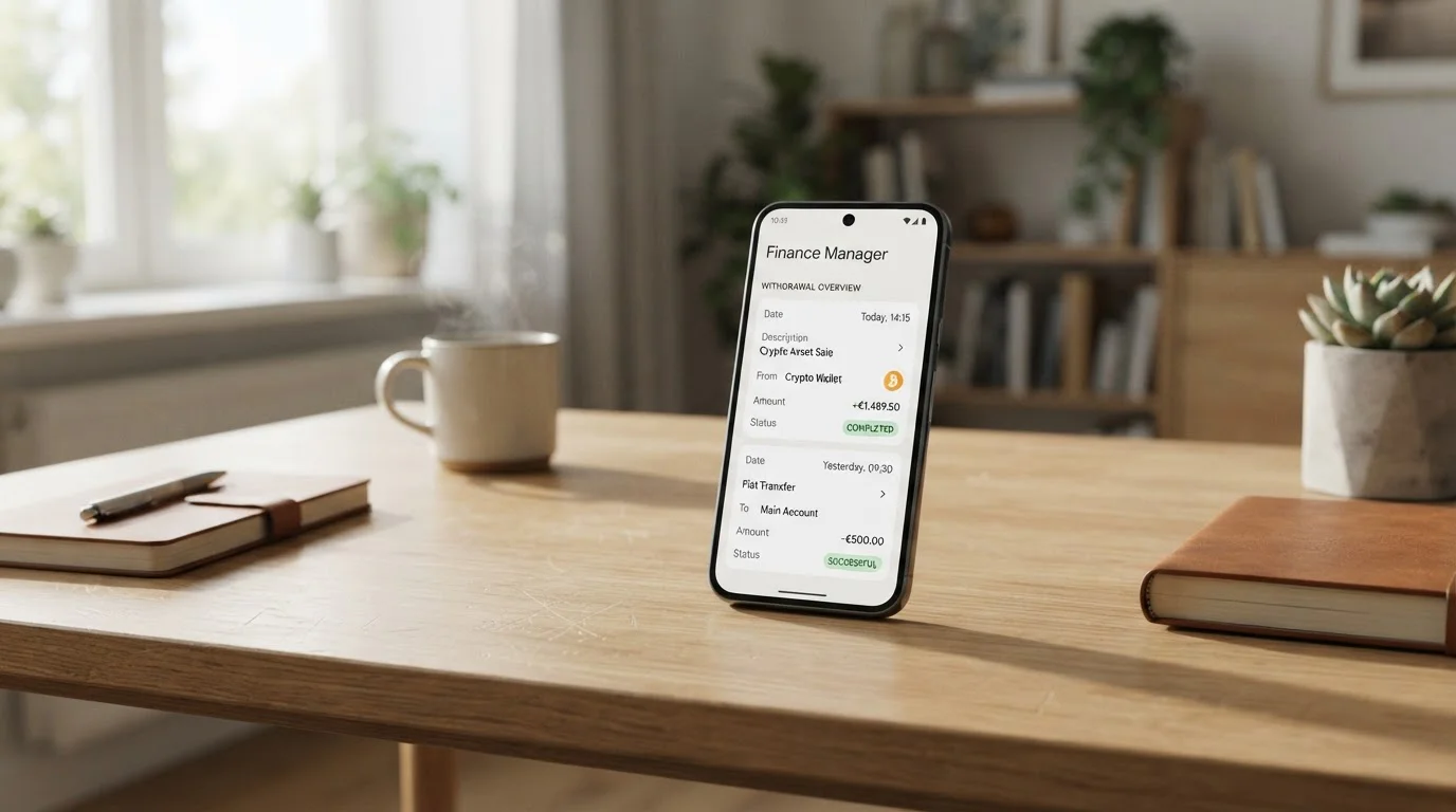 Smartphone mit Banking-App zeigt neutrale Auszahlungsübersicht