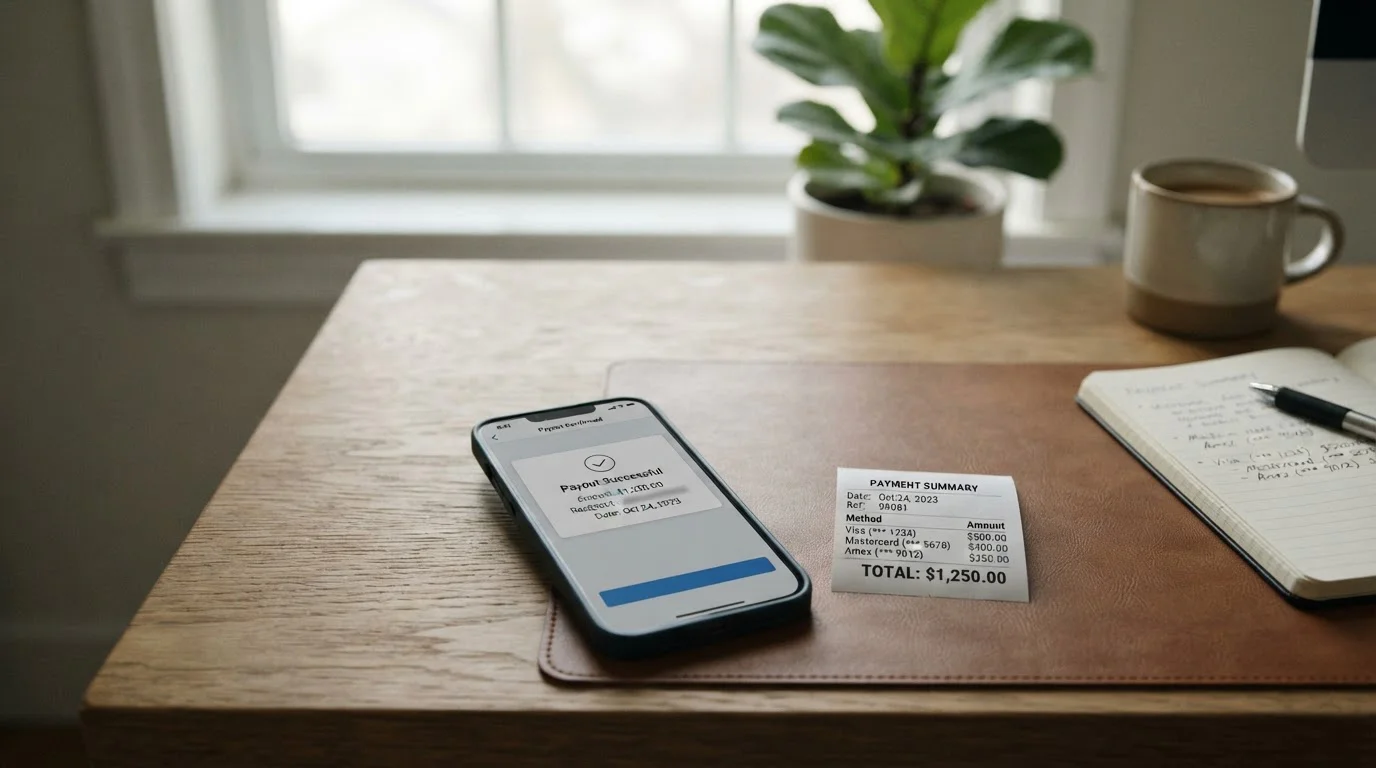 Smartphone mit neutraler Banking-App-Ansicht, daneben ein Auszahlungsbeleg, kein reales Bargeld, kein echter Banknotenabdruck