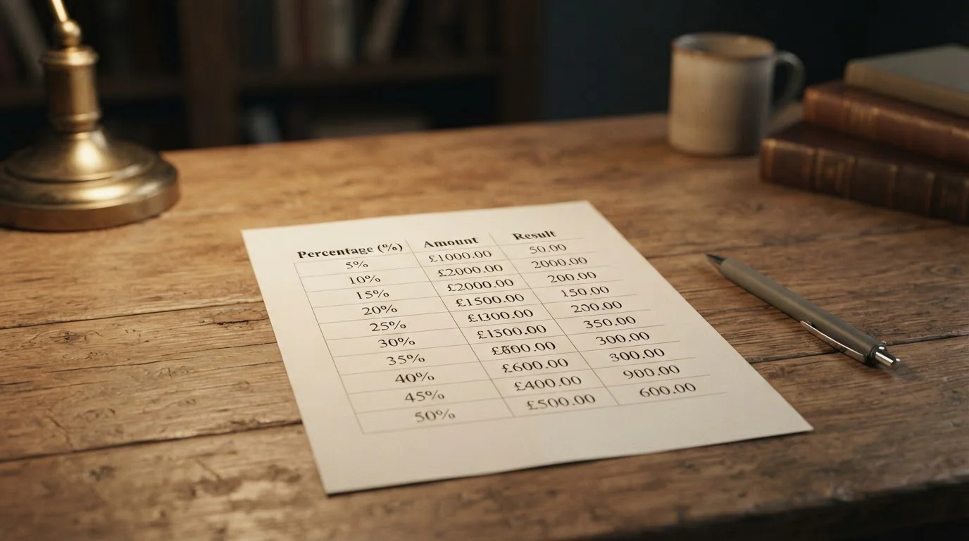 Ausgedruckte Vergleichstabelle mit Prozentwerten auf einem Schreibtisch