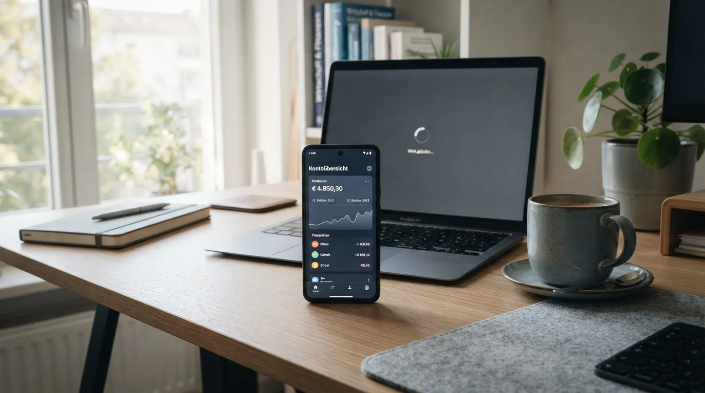 Smartphone mit neutraler Banking-App und Laptop auf dem Schreibtisch – Auszahlung von Bonusgewinnen