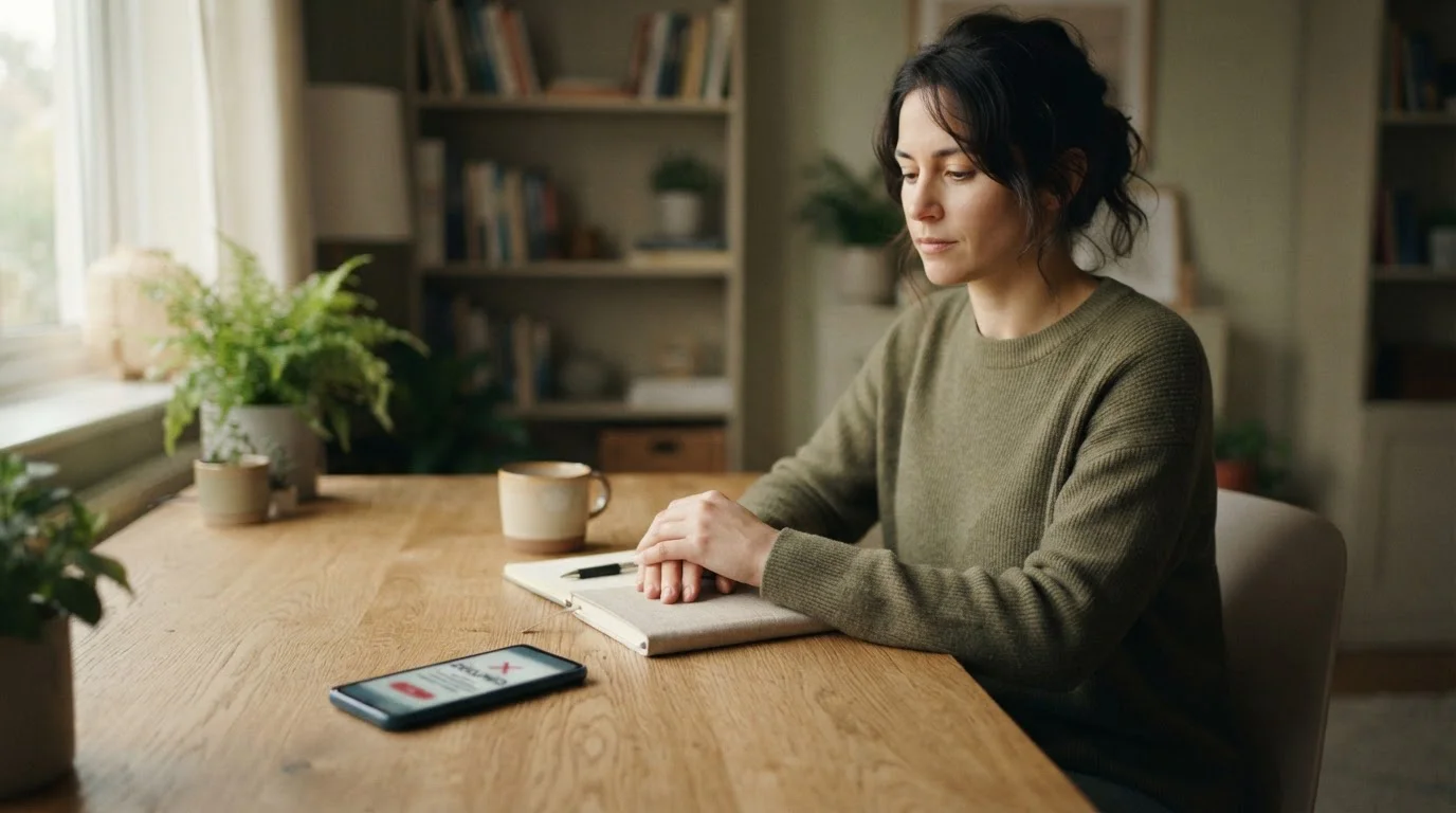 Smartphone auf Schreibtisch zeigt Banking-App mit Ablehnung, Person sitzt ruhig dahinter