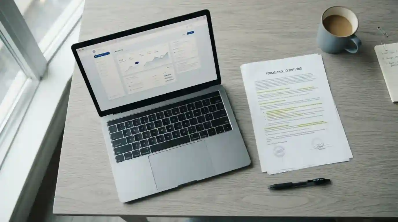 Neutrales Bonusdokument mit markierten Bedingungen neben einem Laptop