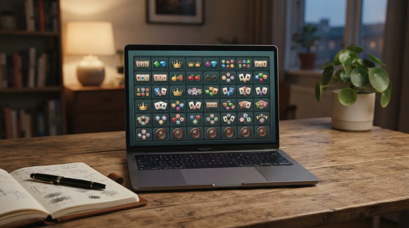 Laptop mit einer übersichtlichen Krypto-Casino-Webseite, viele kleine Spielkacheln sichtbar
