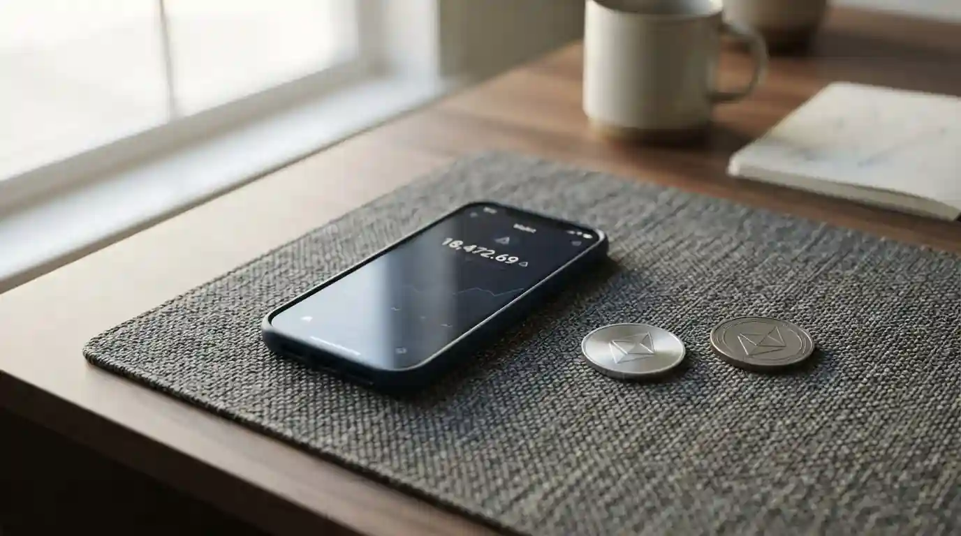 Smartphone mit Wallet-App und verschiedene Kryptowährungs-Marken nebeneinander