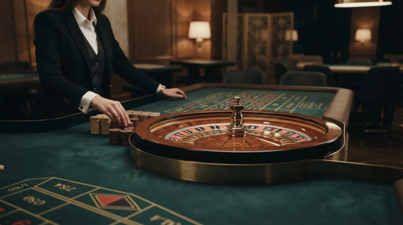 Live-Croupier-Tisch mit Roulette-Rad und Spielkarten unter Studio-Beleuchtung