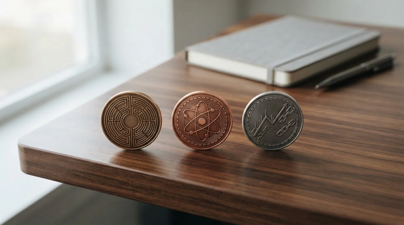 Vergleichstabelle von Bitcoin, Bitcoin Cash und Ethereum Münzen auf einem Schreibtisch