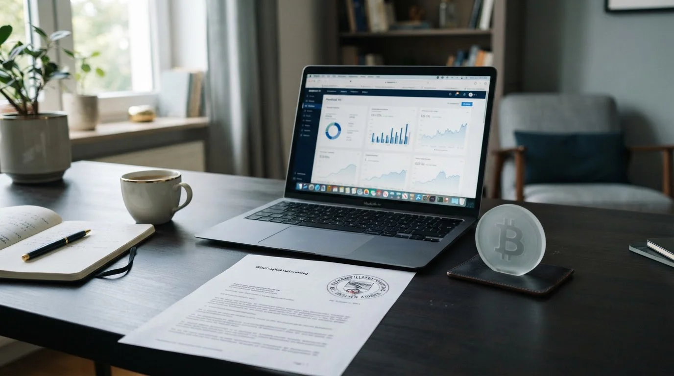 Schreibtisch mit aufgeklapptem Laptop, daneben eine Krypto-Münze aus Glas und ein Ausdruck des GlüStV 2021