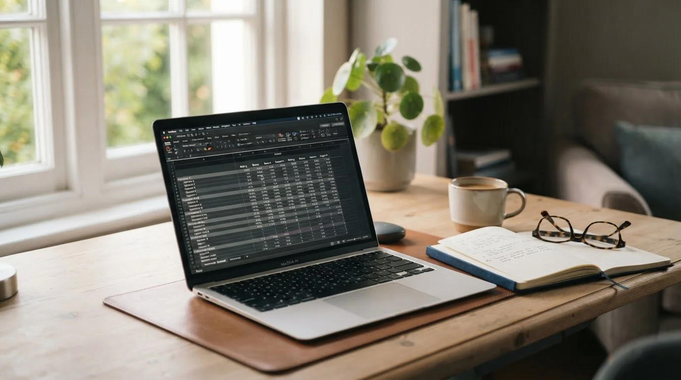 Aufgeräumter Schreibtisch mit Laptop, auf dem eine Vergleichsübersicht von Online-Casinos zu sehen ist, daneben ein Notizbuch und eine Lesebrille, warmes Tageslicht durch ein Fenster, ruhige Atmosphäre