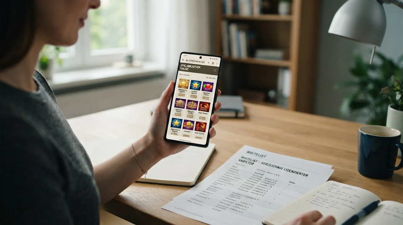 Smartphone in der Hand mit einer mobilen Spielothek-Web-App, neutraler Hintergrund