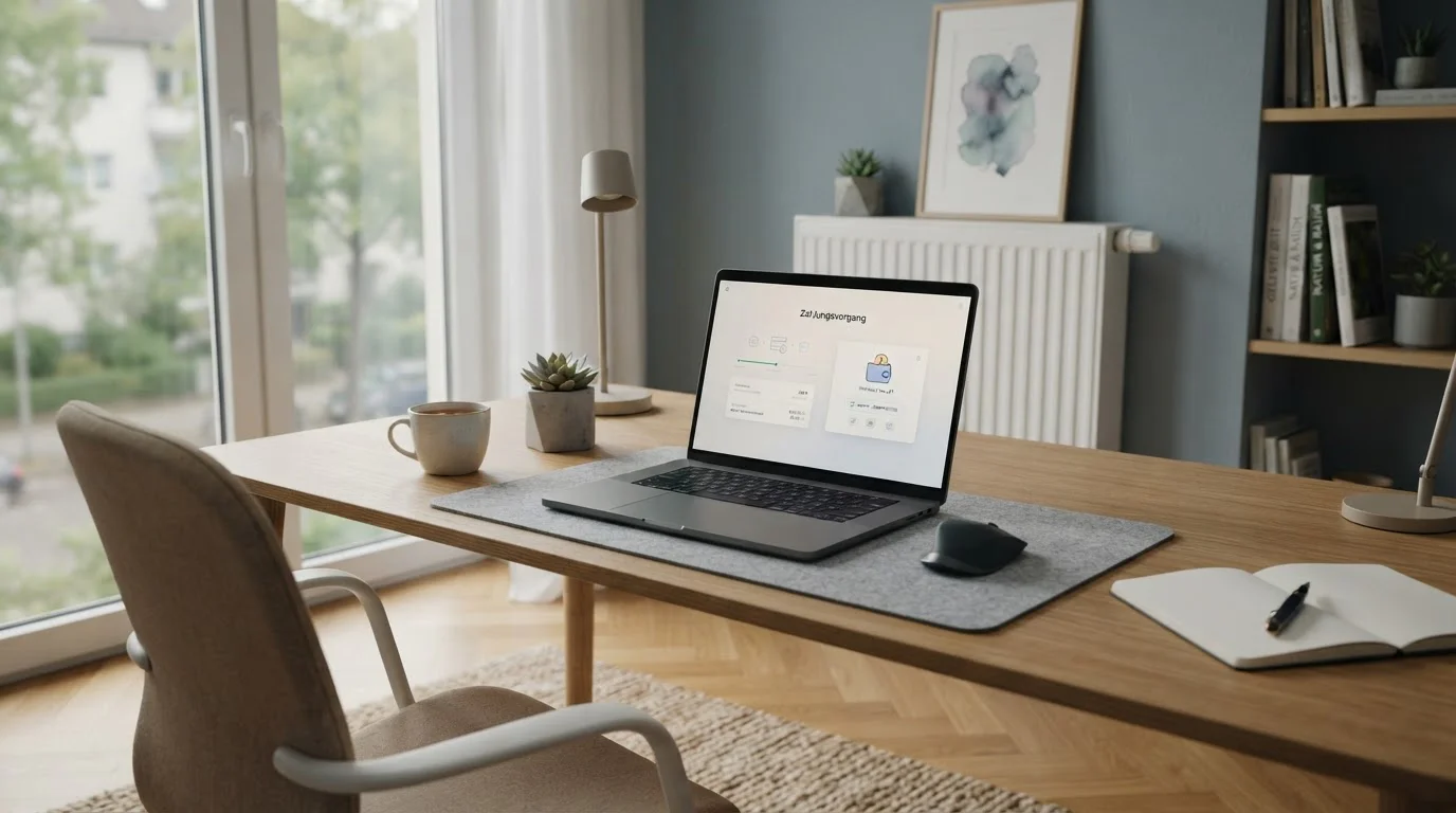 Laptop mit neutraler Casino-Kasse und MiFinity-Guthaben auf einem Schreibtisch
