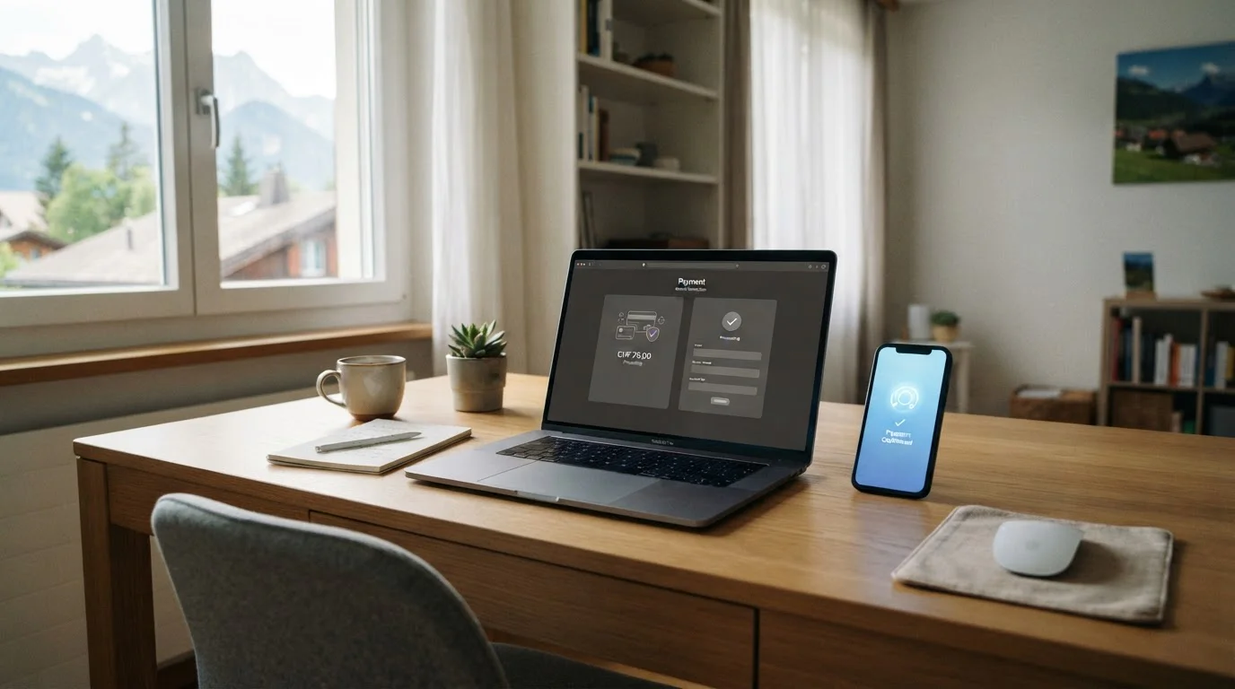 Smartphone und Laptop mit neutraler TWINT-Zahlungsbestätigung im Schweizer Arbeitszimmer