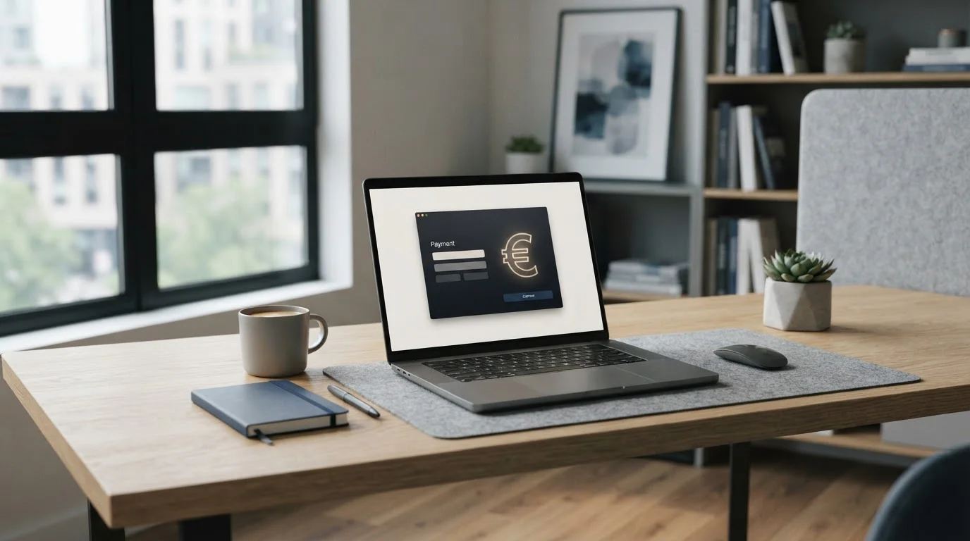 Modernes Büro mit Laptop und neutralem Visa-Zahlungsfenster für ein Online-Casino