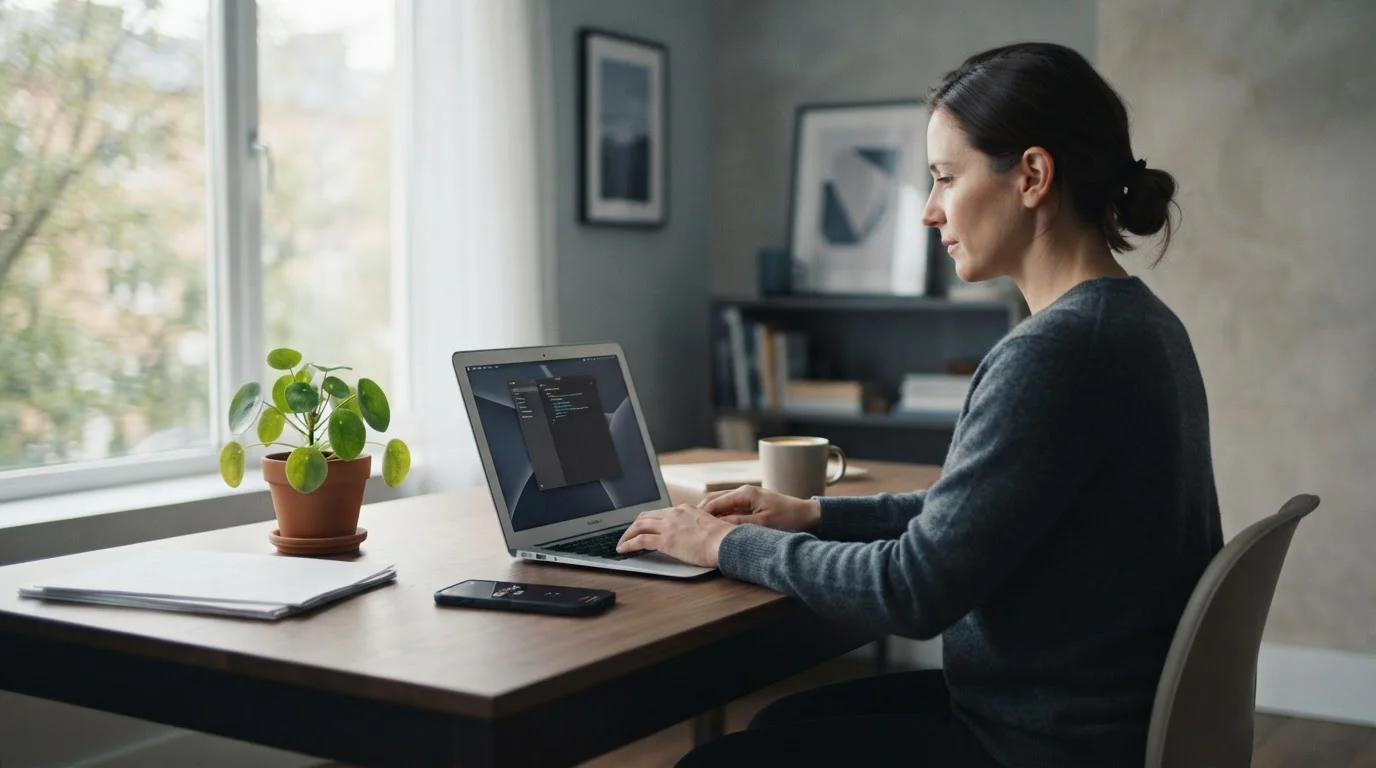 Schreibtisch mit Laptop und Smartphone, das einen pausierten Countdown anzeigt