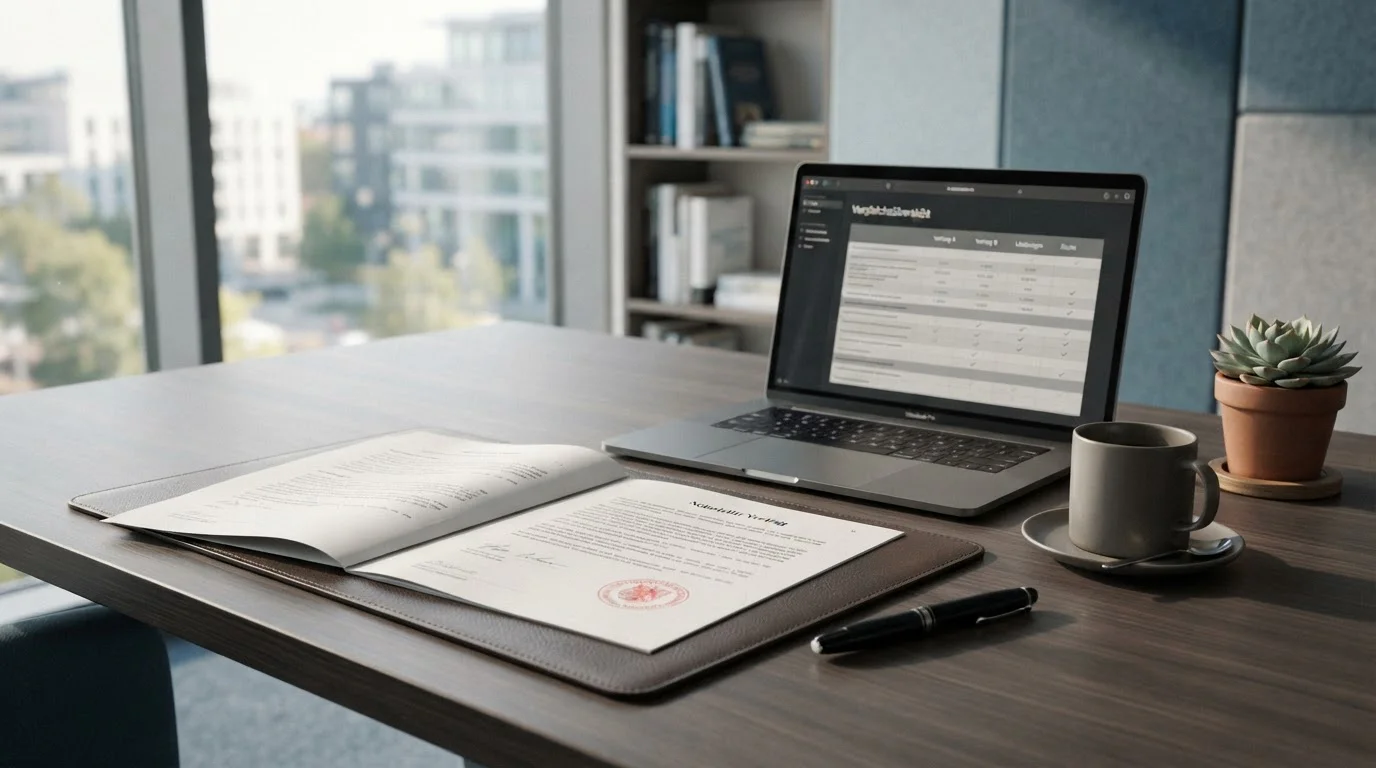 Bürotisch mit deutschem Stempel-Dokument und Laptop mit Vergleichstabelle der Offshore-Casinos