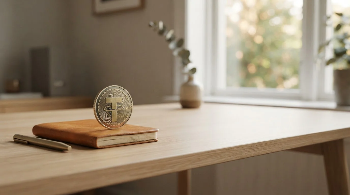 Symbolische Tether-Münze auf einem neutralen Schreibtisch mit weißem Wallet-Notizbuch daneben