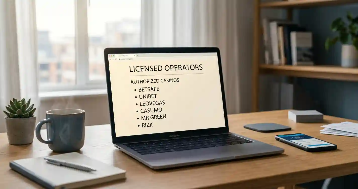 Laptop auf einem Schreibtisch mit geöffneter Positivliste der GGL und einem Smartphone mit Online-Banking-App