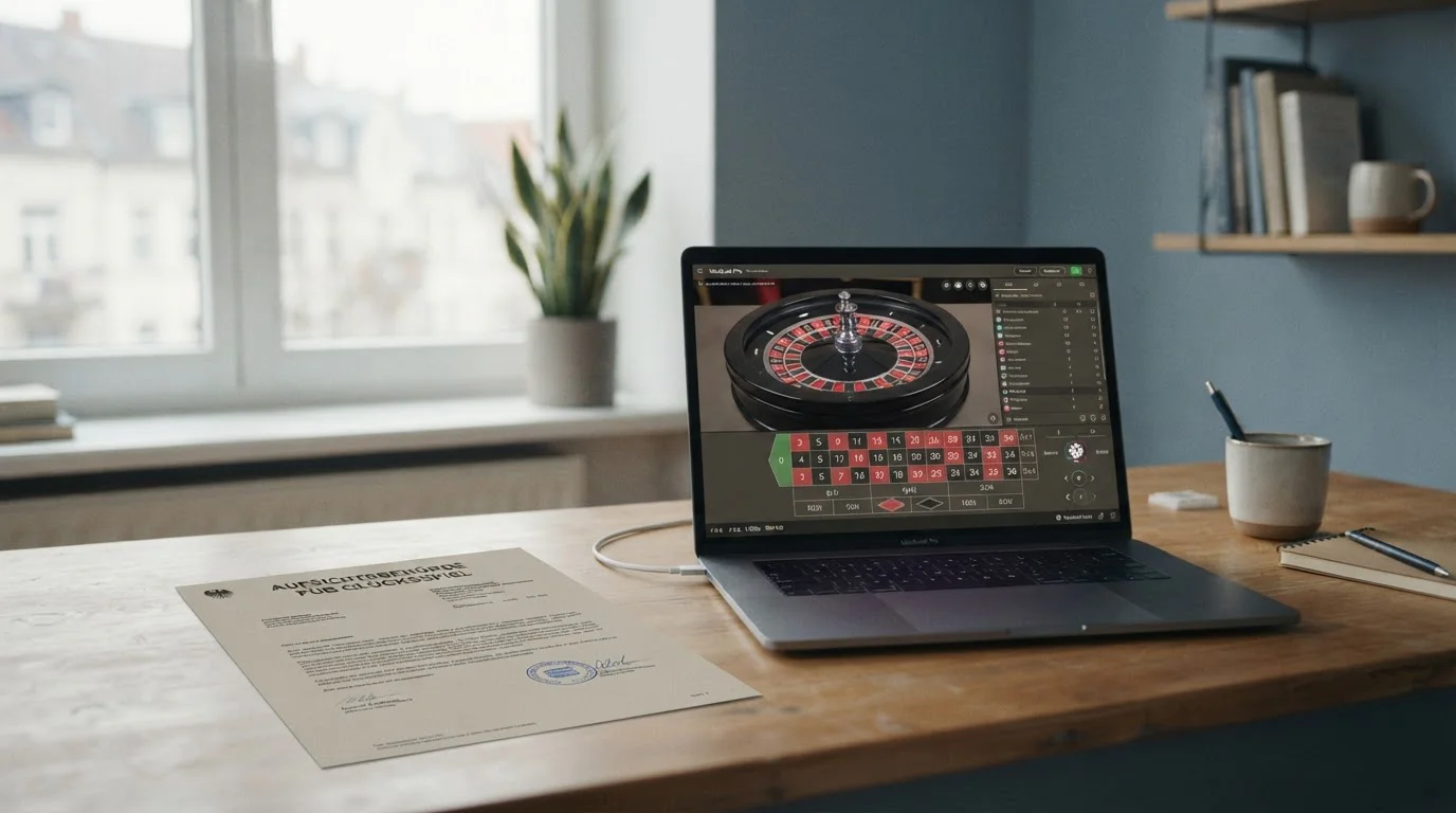 Ruhiger Spieltisch mit Monitor und neutralen Unterlagen zur Prüfung eines Live-Casinos