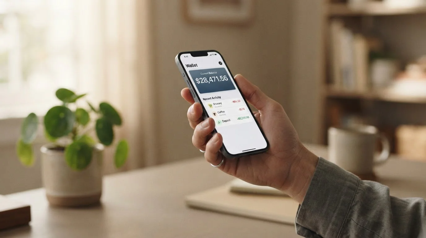 Smartphone mit Wallet-Anzeige in einer Hand, neutraler Schreibtisch im Hintergrund