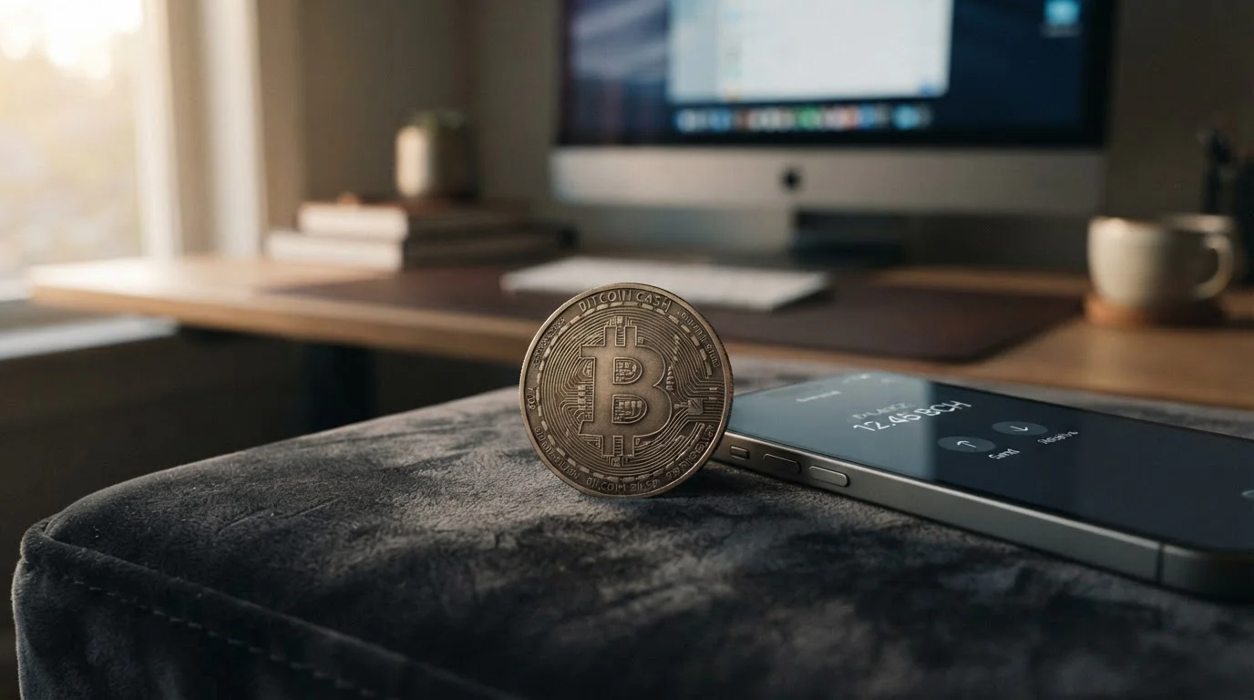 Bitcoin Cash Münze mit Casino-Eingangssymbol und Wallet-Verbindung