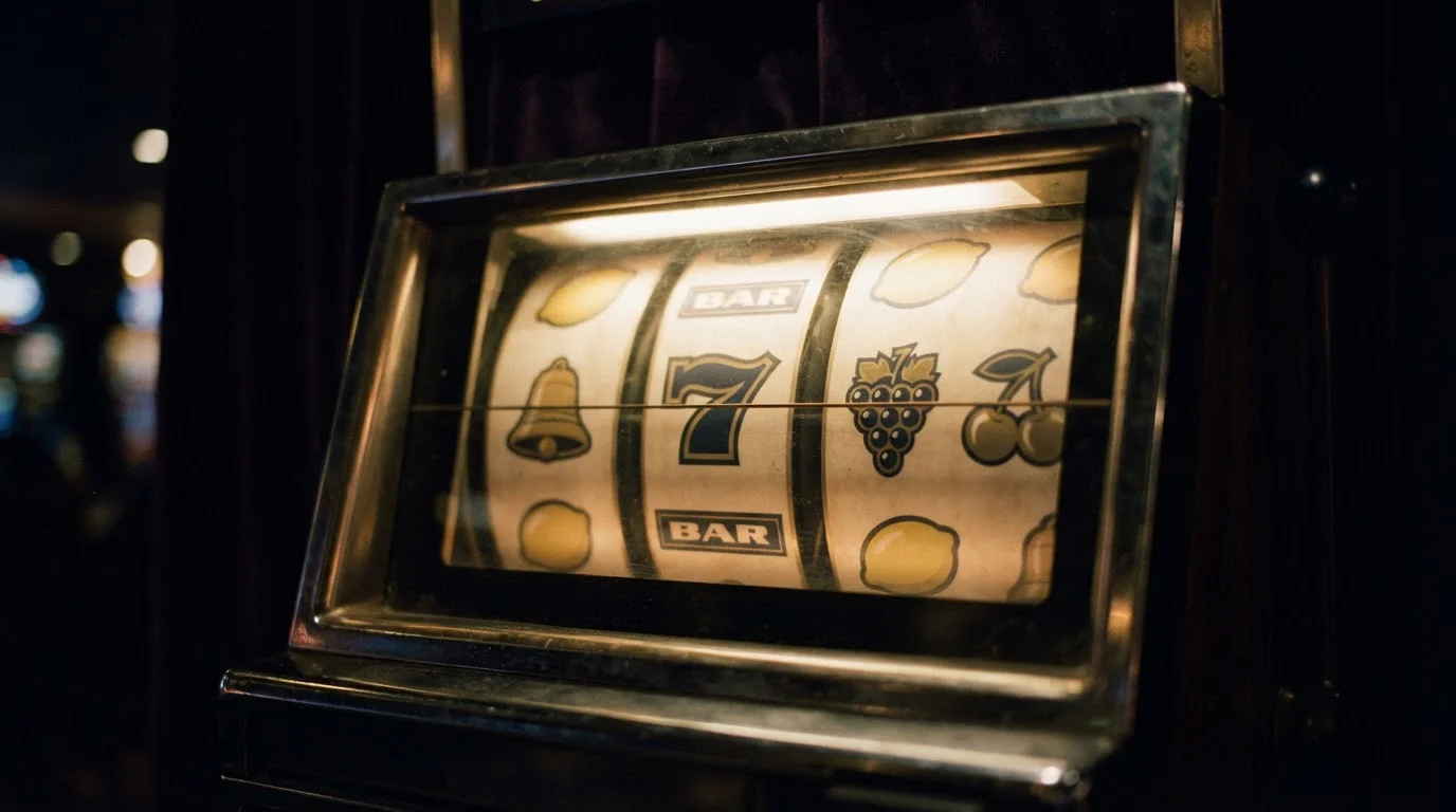 Spielautomat auf einem Bildschirm mit Walzen und leuchtenden Symbolen in gedeckten Farben