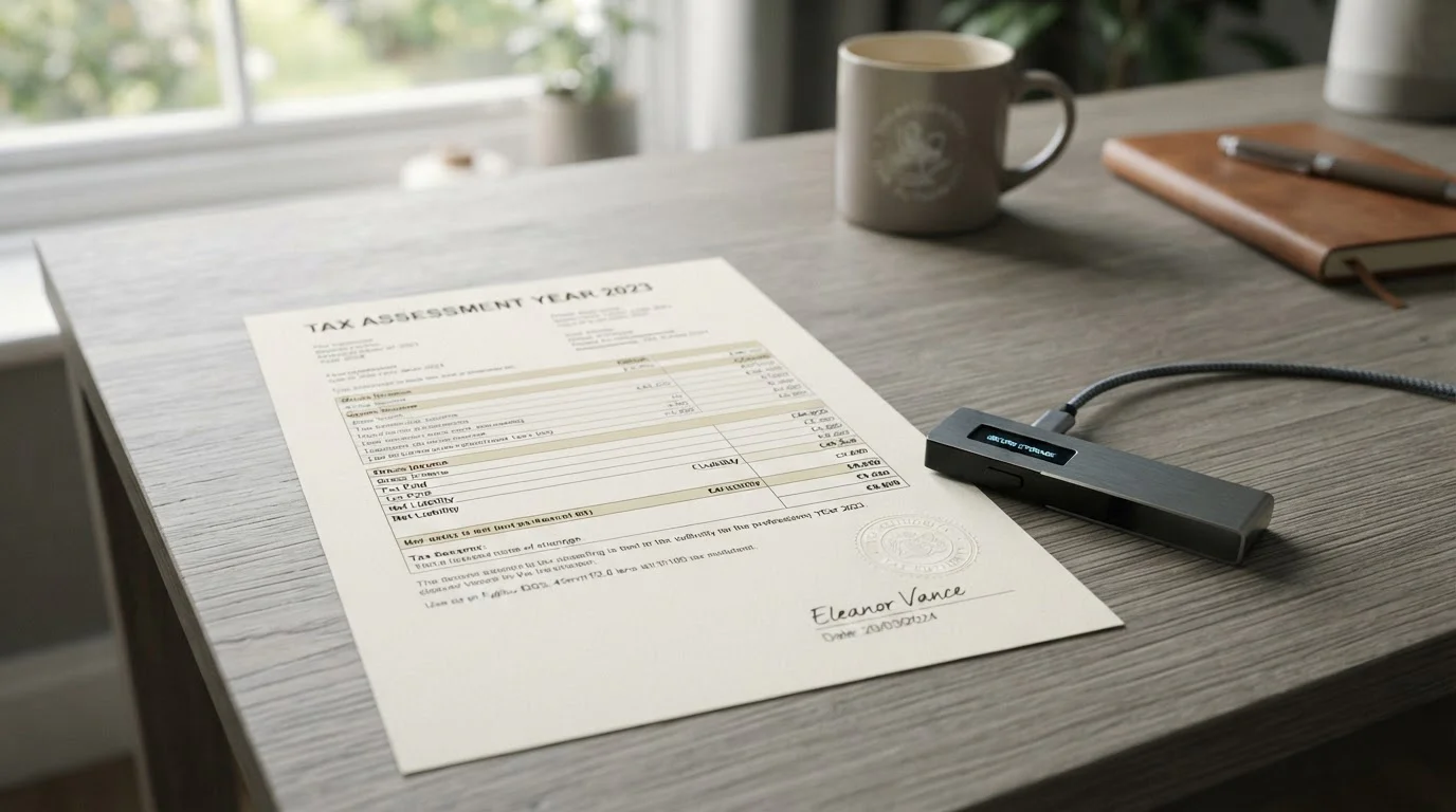 Dokument mit Stempel und Sicherheitsmerkmalen neben einem Hardware-Wallet