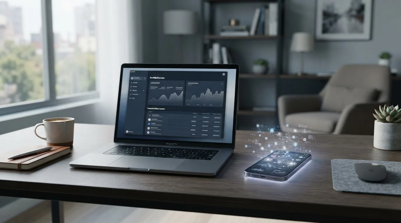 Bitcoin-Casino Schreibtisch mit Laptop und geöffnetem Krypto-Wallet auf dem Bildschirm