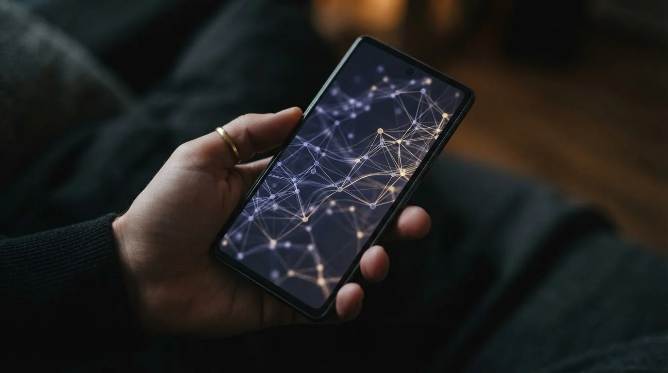 Nahaufnahme einer Bitcoin-Transaktion auf dem Smartphone mit Blockchain-Visualisierung
