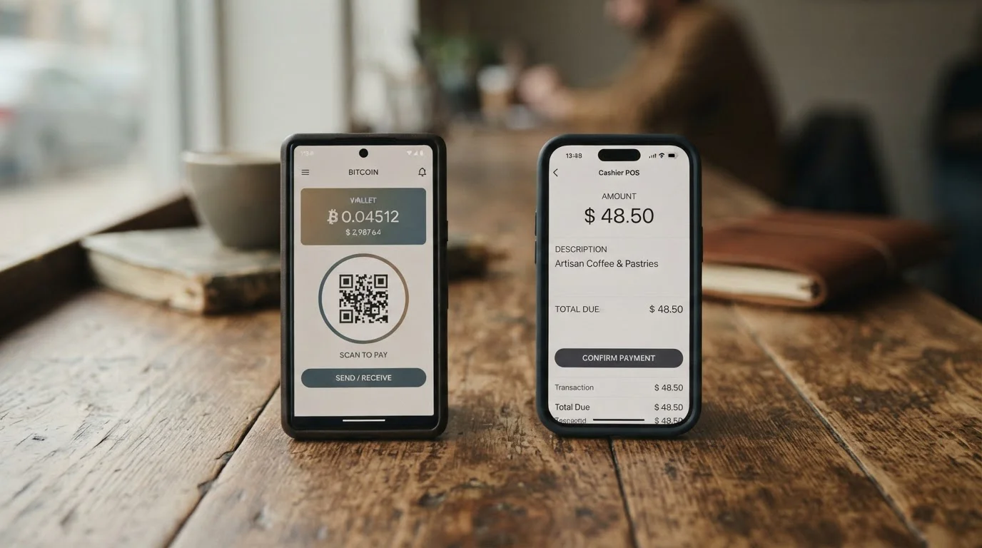 Mobiltelefon mit Bitcoin-Wallet und Casino-Kassenbereich nebeneinander